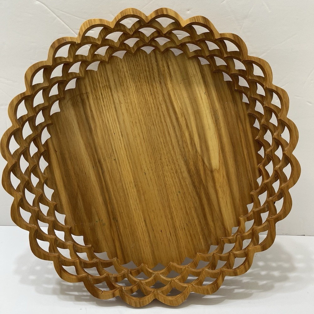 Vintage Hand Carved Wooden Bowl Scalloped Lattice Border Centerpiece 10.5"